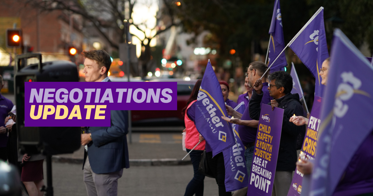 Negotiations for Child Safety and Youth Justice members continue, focusing on staffing, workload, and overtime claims, amidst a recent wage increase win for members.